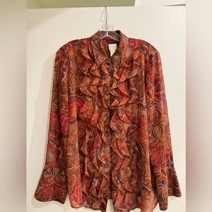 Chicos Orange/brown/creme colors ruffled front & beautiful bell sleeves. Size 1